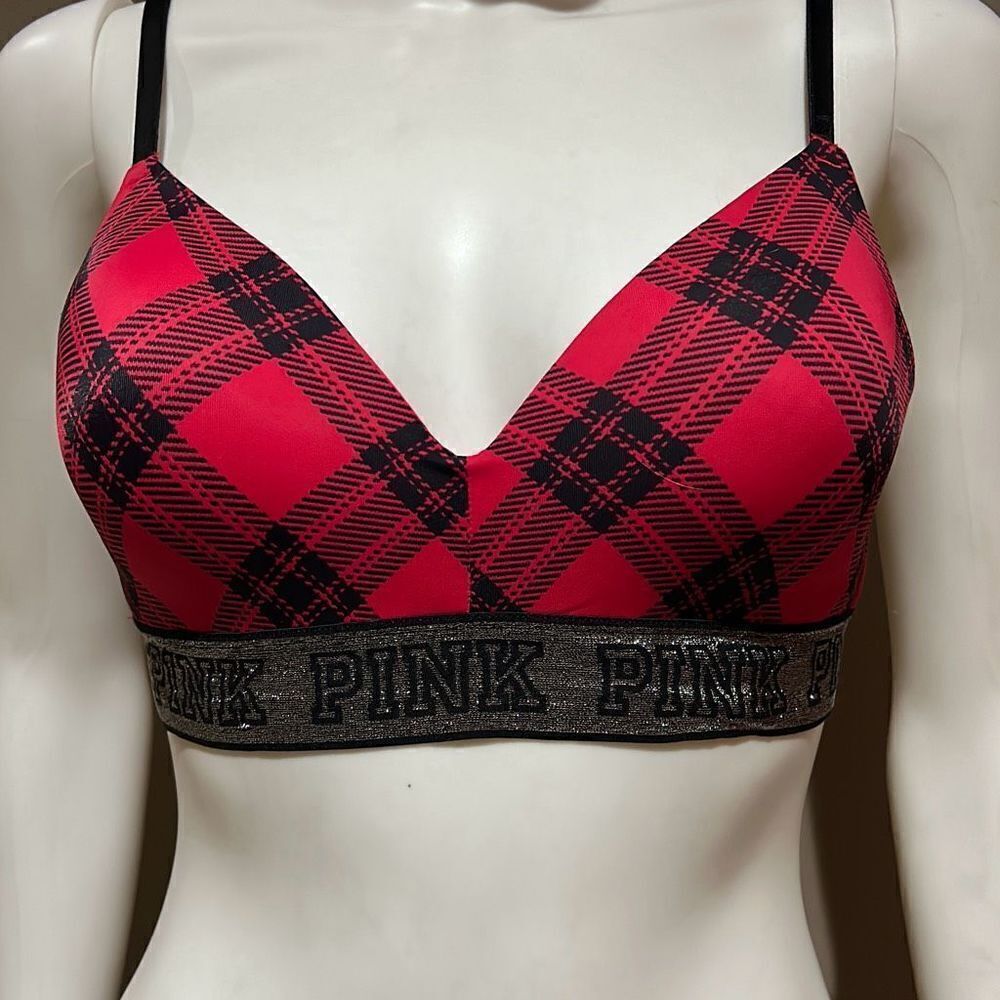 Pink Victorias Secret 36C Red and Black Plaid Bra Adjustable